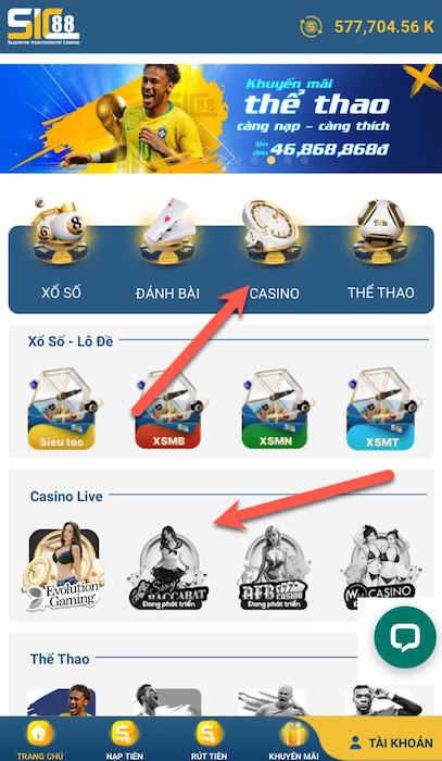 Truy cập khu vực Casino SIC88