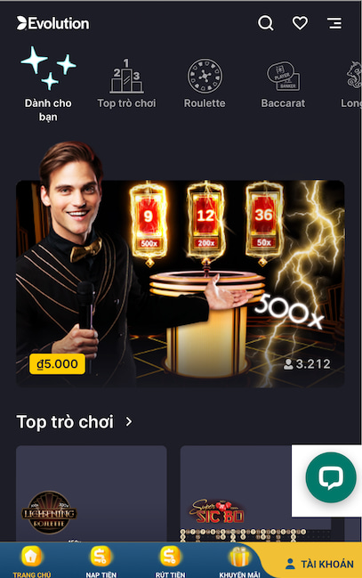 Giao diện sảnh Casino Evolution