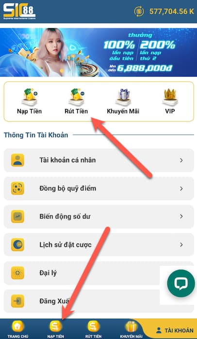 Thực hiện Rút Tiền SIC88